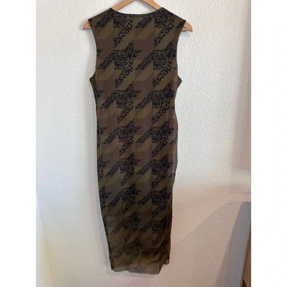 AllSaints Women Olive Green Mesh Houndstooth Floral Ruched Midi Dress US 10 - Picture 5 of 7